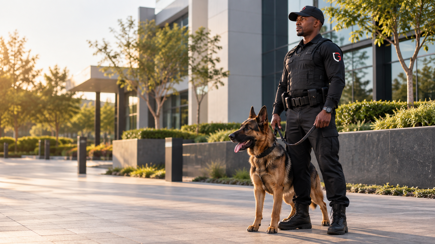 K9 handler and security dog — illustrative image